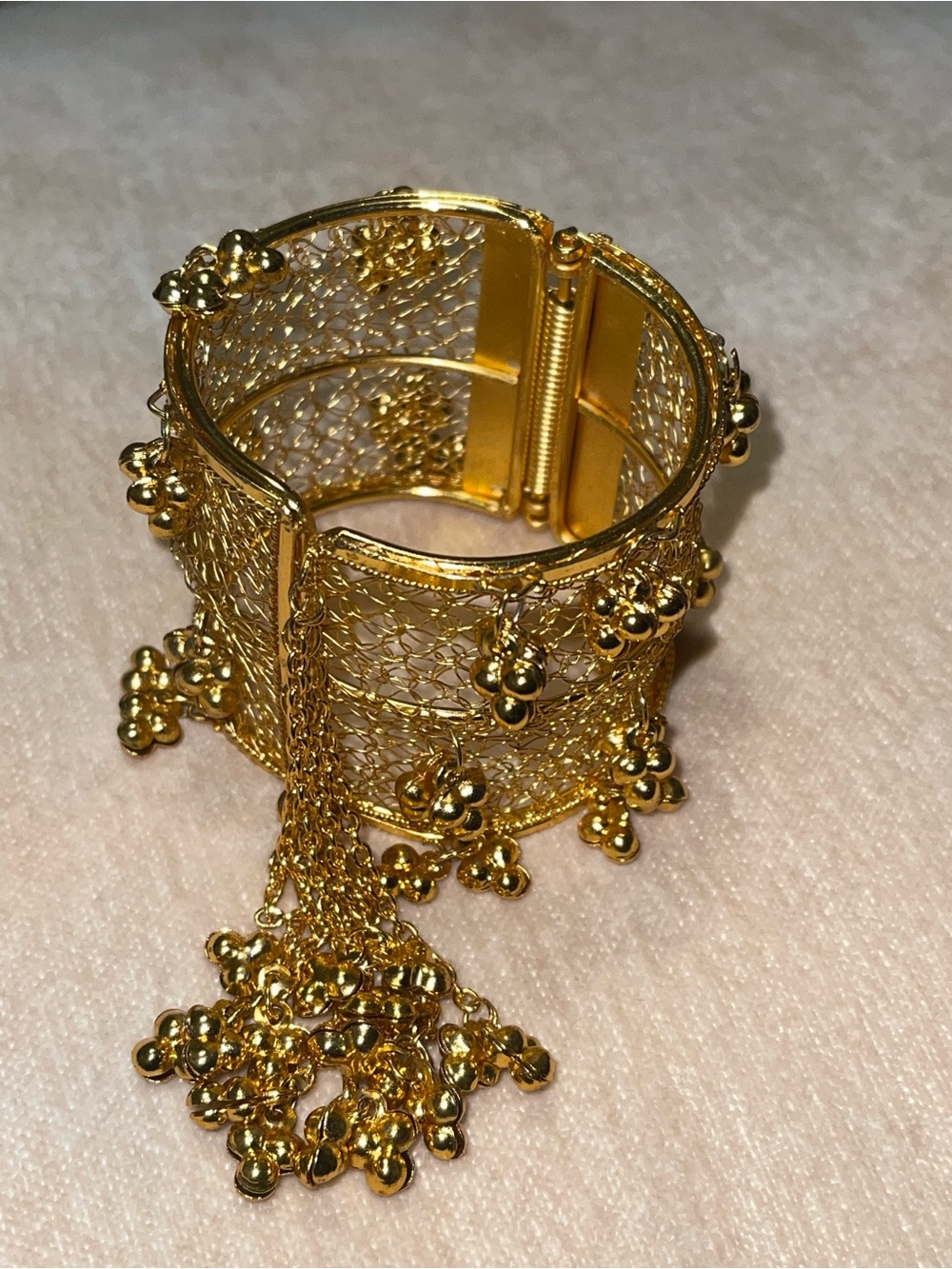 Gold Filigree Statement Cuff Bracelet with Dangle Beads